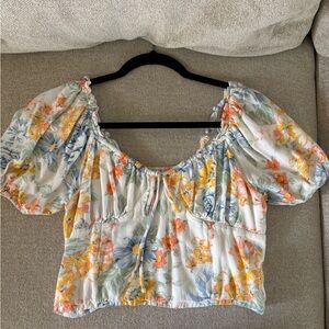 Sugarlips Floral Puff-Sleeve Crop Top in White, Yellow & Blue